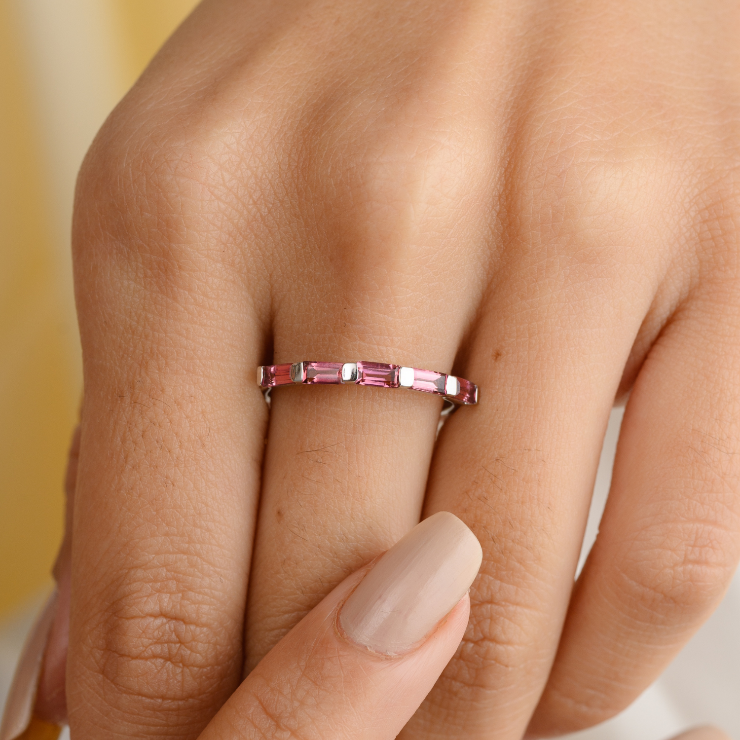 14K Gold Tourmaline Baguette Cut Dainty Band - vrjewels-us