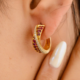 14K Handcrafted Ruby Diamond Twisted Hoops Earrings