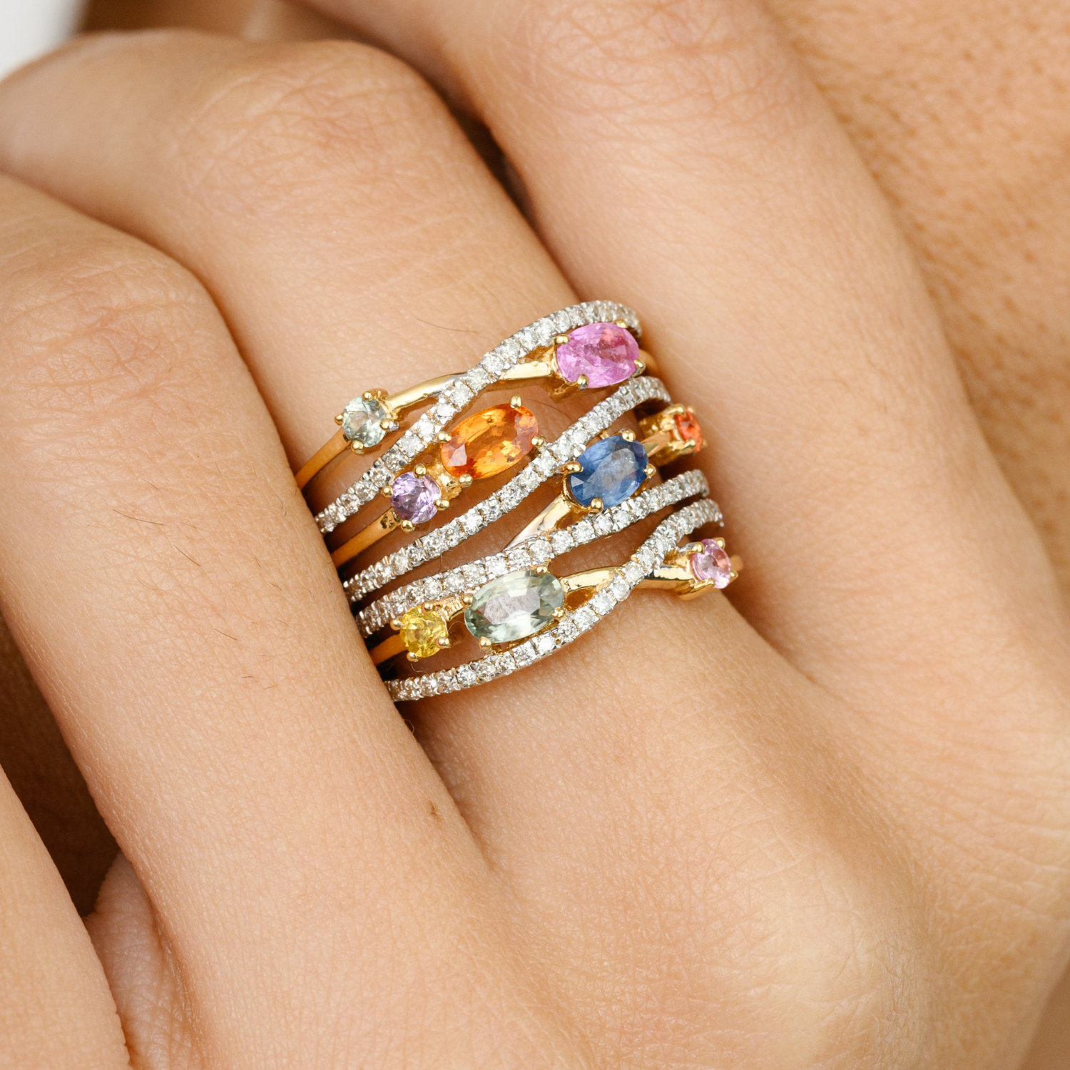 18K Multi Gemstone Cluster Wide Band Ring - vrjewels-us