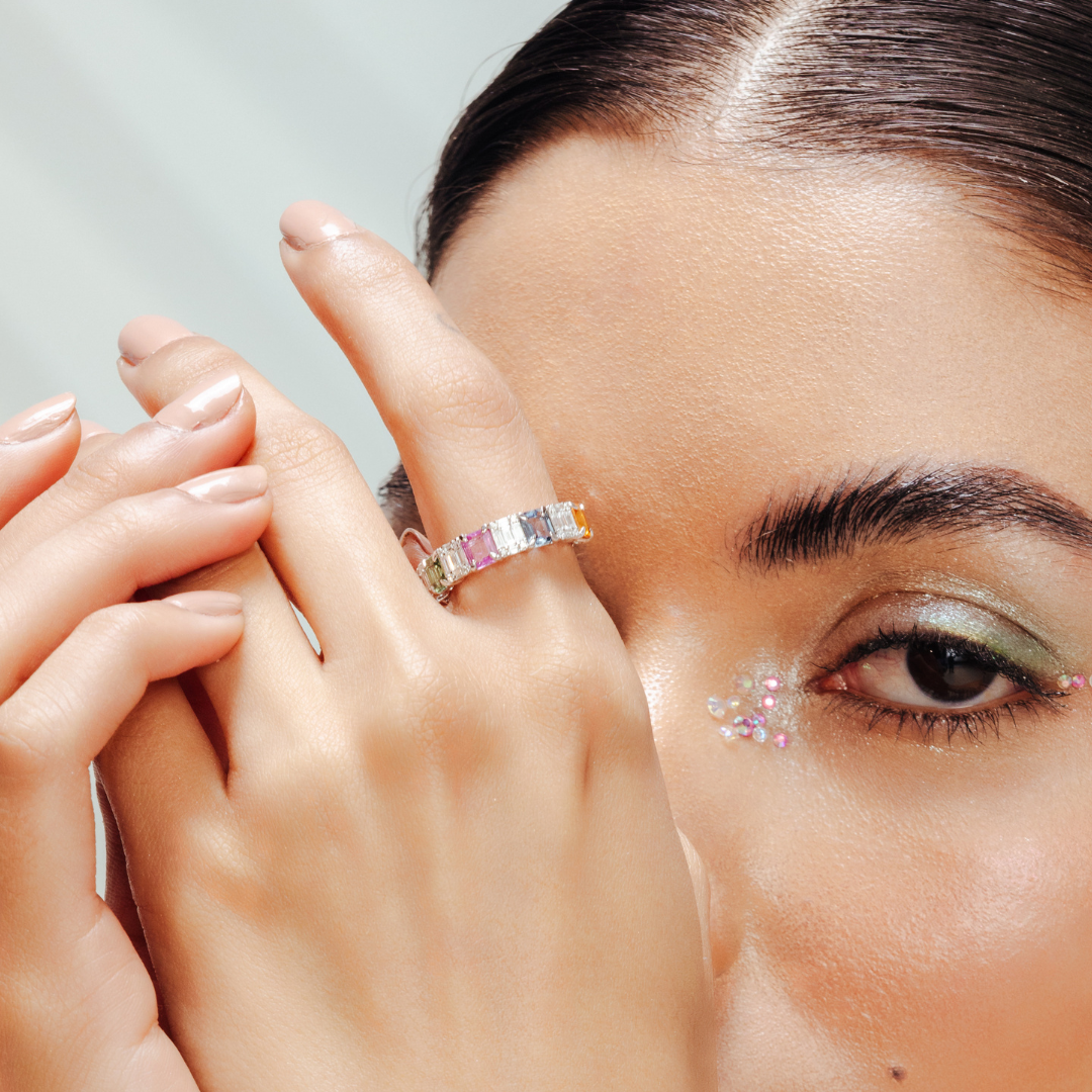 18K White Gold Multi Sapphire Half Eternity Band - vrjewels-us