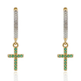 18K Dangle Charm Cross Shaped Emerald Hoop Earrings