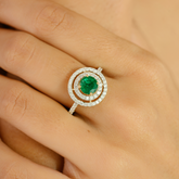 18K Round Emerald Double Halo Diamond Ring