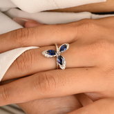 14K Solid White Gold Blue Sapphire Flower Ring - vrjewels-us