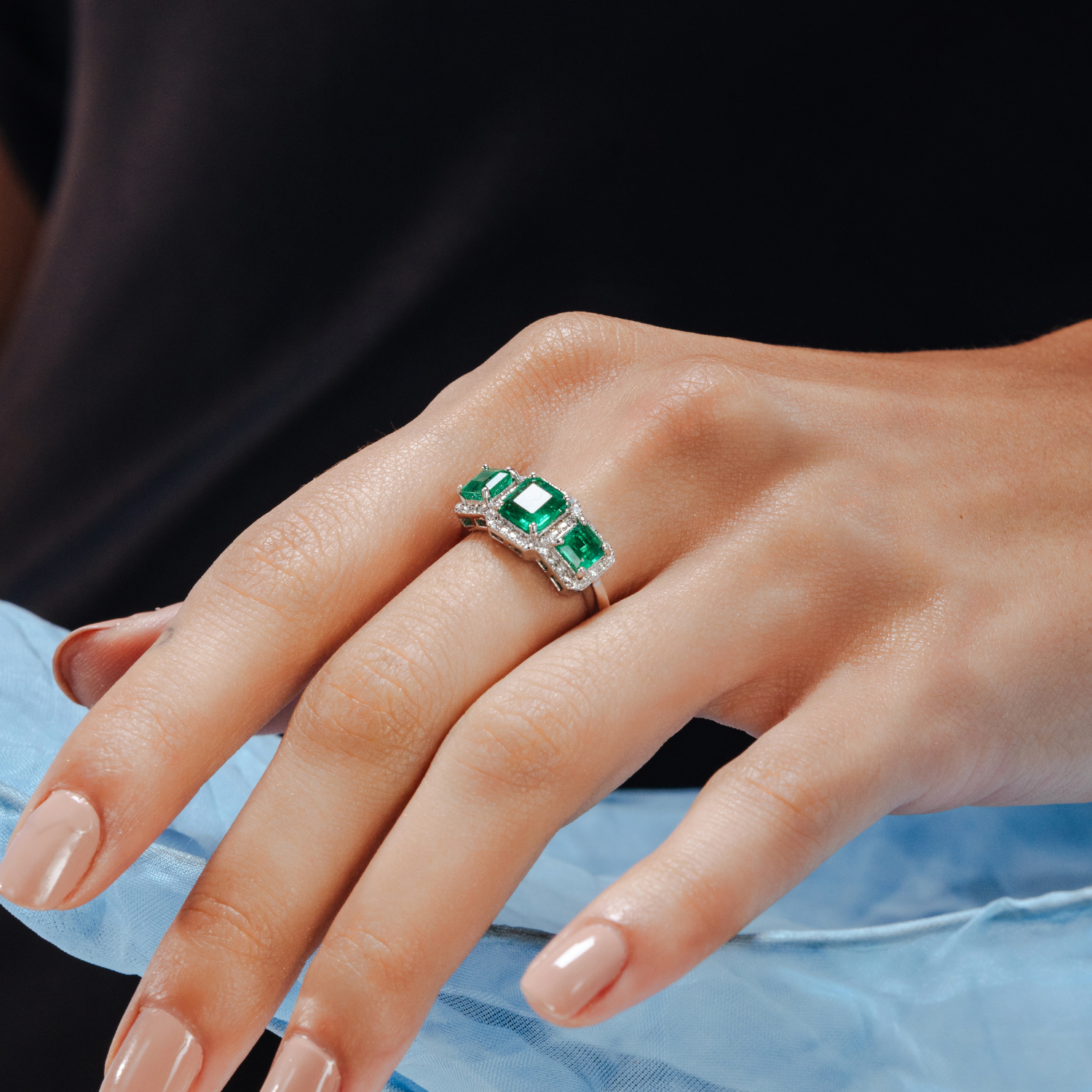 18K Gold Emerald Diamond Three Stone Ring - vrjewels-us