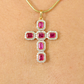 18K Solid Yellow Gold Ruby Cross Pendant