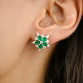 18K Solid White Gold Emerald Diamond Flower Stud Earrings - vrjewels-us