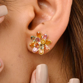 18K Cluster Rainbow Multi Sapphire Floral Stud Earrings