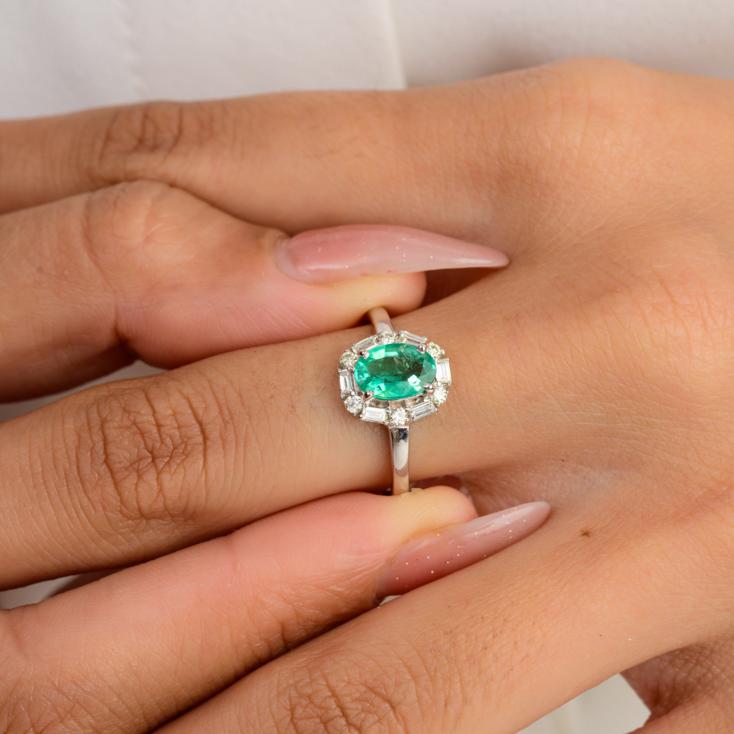 14K Solid White Gold Emerald Halo Diamond Ring - vrjewels-us