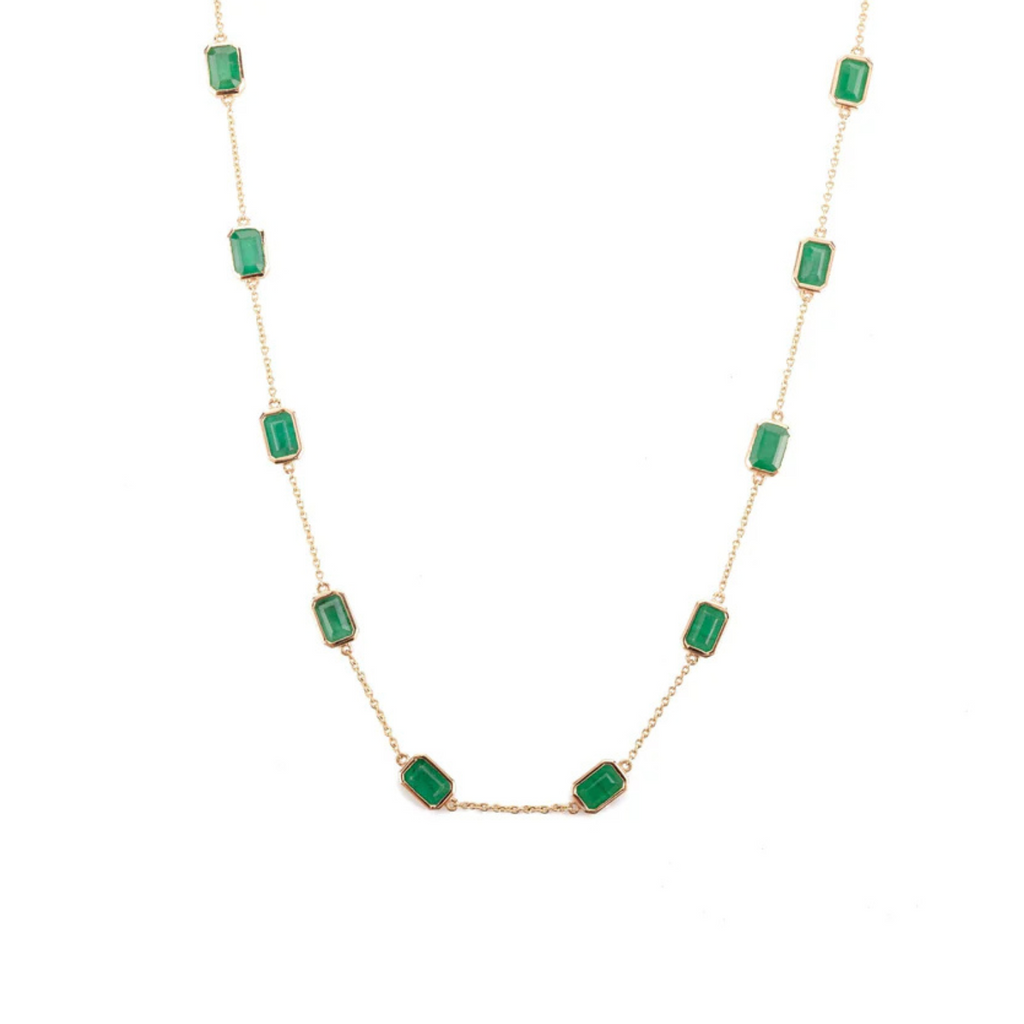 14K Solid Yellow Gold Emerald Station Chain Necklace Image