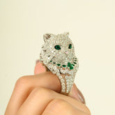 18K Art Deco Emerald Cat Ring with Cluster Diamonds