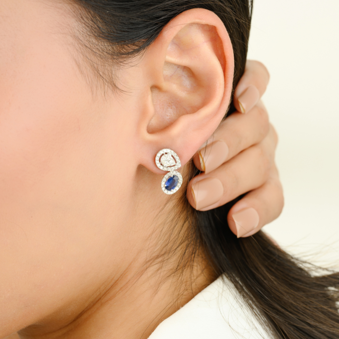 18K White Gold Blue Sapphire Diamond Statement Earrings - vrjewels-us