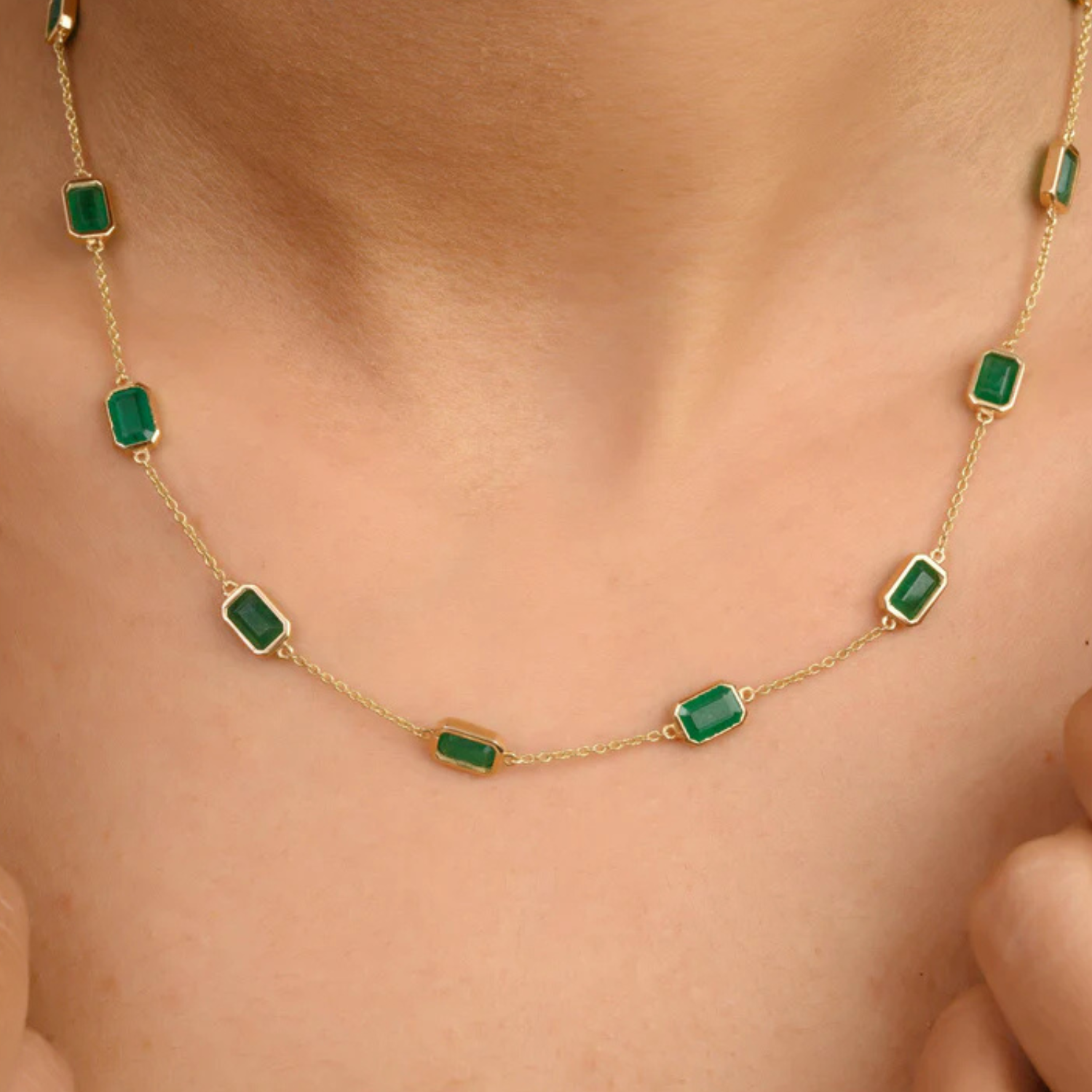14K Solid Yellow Gold Emerald Station Chain Necklace