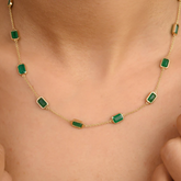 14K Solid Yellow Gold Emerald Station Chain Necklace