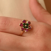 18K Yellow Gold Multi Precious Flower Ring