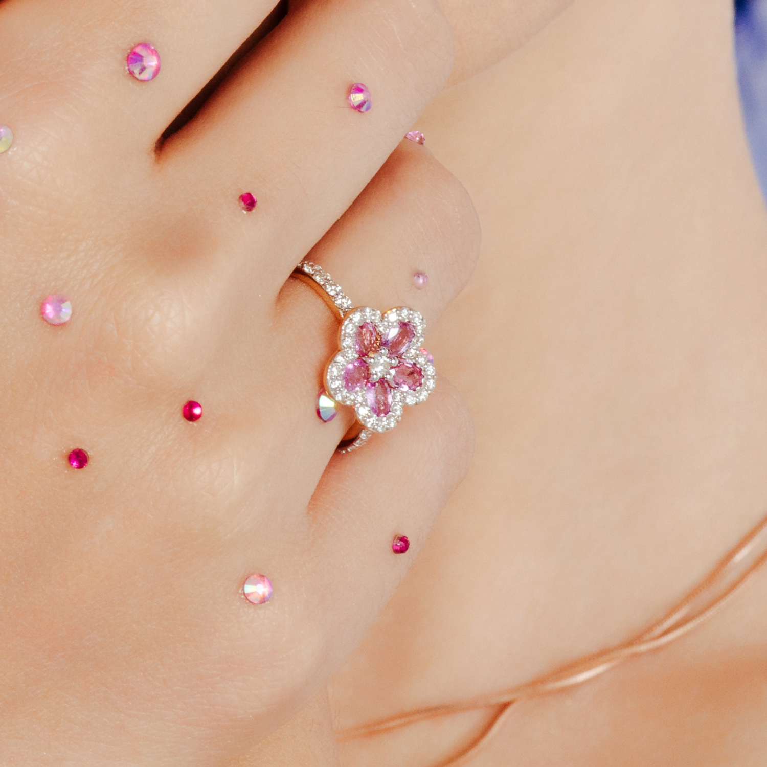 18K Gold Pink Sapphire Cherry Blossom Flower Ring - vrjewels-us