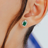 Baguette Cut Diamond Halo Emerald 18K Stud Earrings