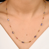 18K Solid Yellow Gold Tanzanite And Tourmaline Station Necklace