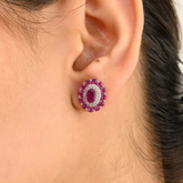 14K Solid White Gold Art Deco Ruby Diamond Cluster Studs