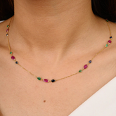 18K Solid Yellow Gold Multi Gemstone Station Necklace