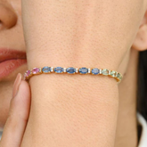 18K Oval Multi-Color Sapphire & Diamond Tennis Bracelet – Gradient Prong Setting