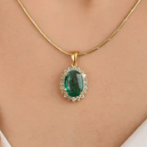 14K Gold Emerald Halo Diamond Pendant
