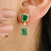 3.77 Ct Real Emerald and Halo Diamond 18K Gold Dangle Earrings