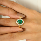14K Oval Cut Emerald Halo Diamond Engagement Ring
