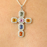 18K Solid White Gold Multi Sapphire Cross Pendant