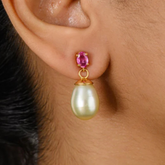 18K Pearl Drop Earrings with Prong Set Pink Sapphire