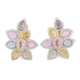 14K Art Deco Floral Multi Sapphire Diamond Earrings