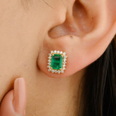 18K Artistic Zambian Emerald Halo Diamond Stud Earrings