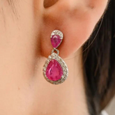14K Pear Cut Ruby Diamond Dainty Dangling Earrings