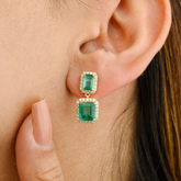 18K Natural Emerald Halo Diamond Wedding Drop Earrings