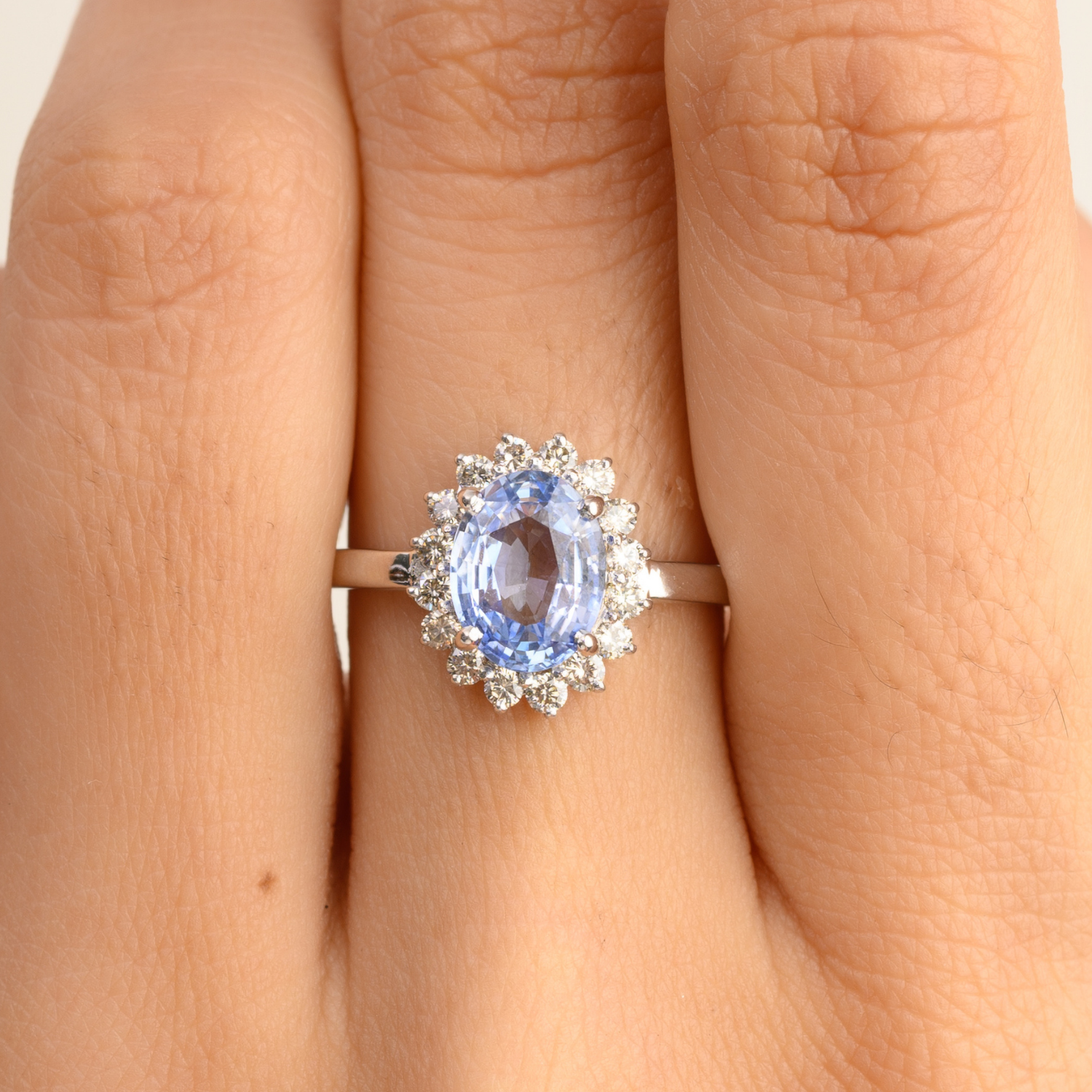 14K Solid White Gold Sapphire Halo Diamond Ring - vrjewels-us