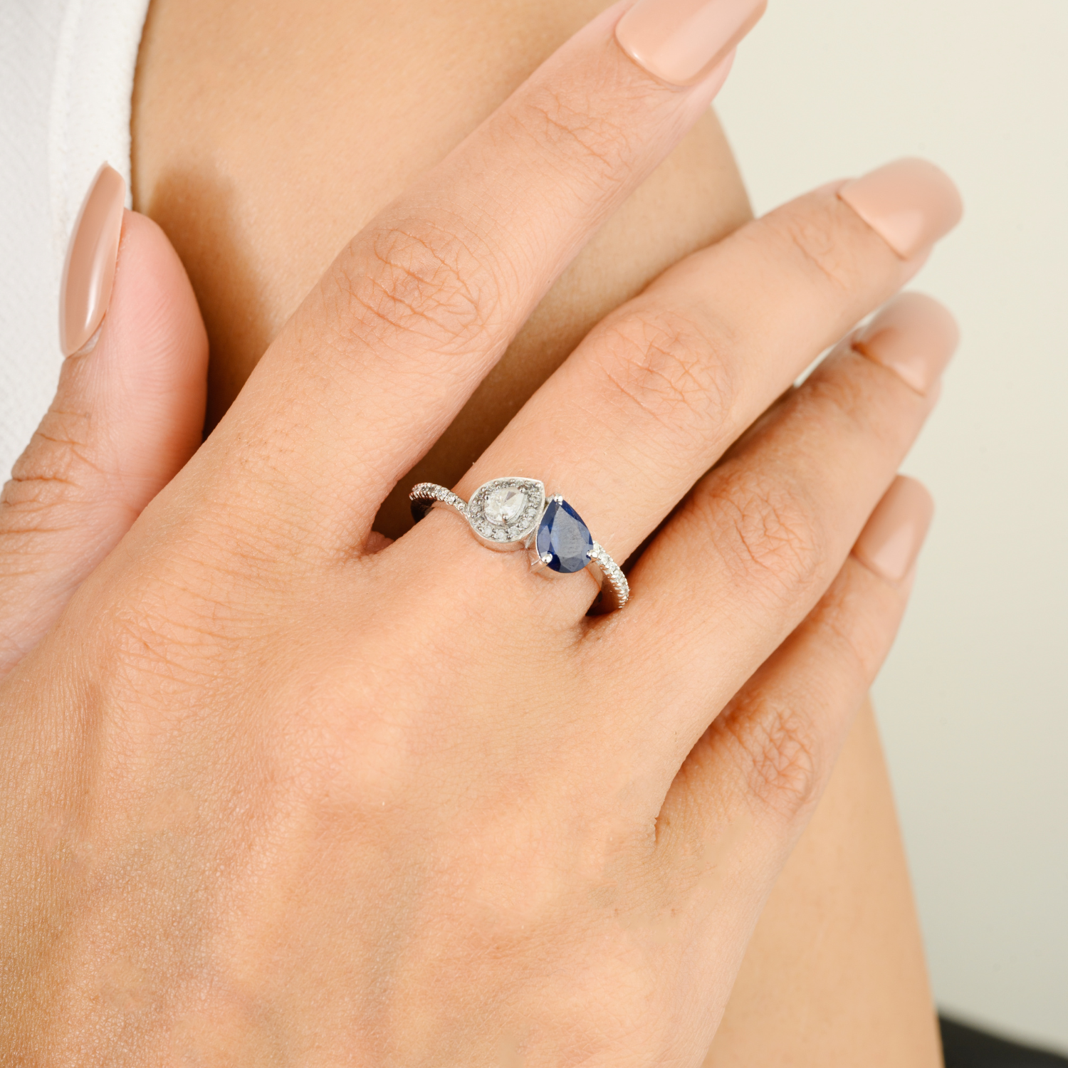 14K Solid White Sapphire & Diamond Toi et Moi Ring - vrjewels-us