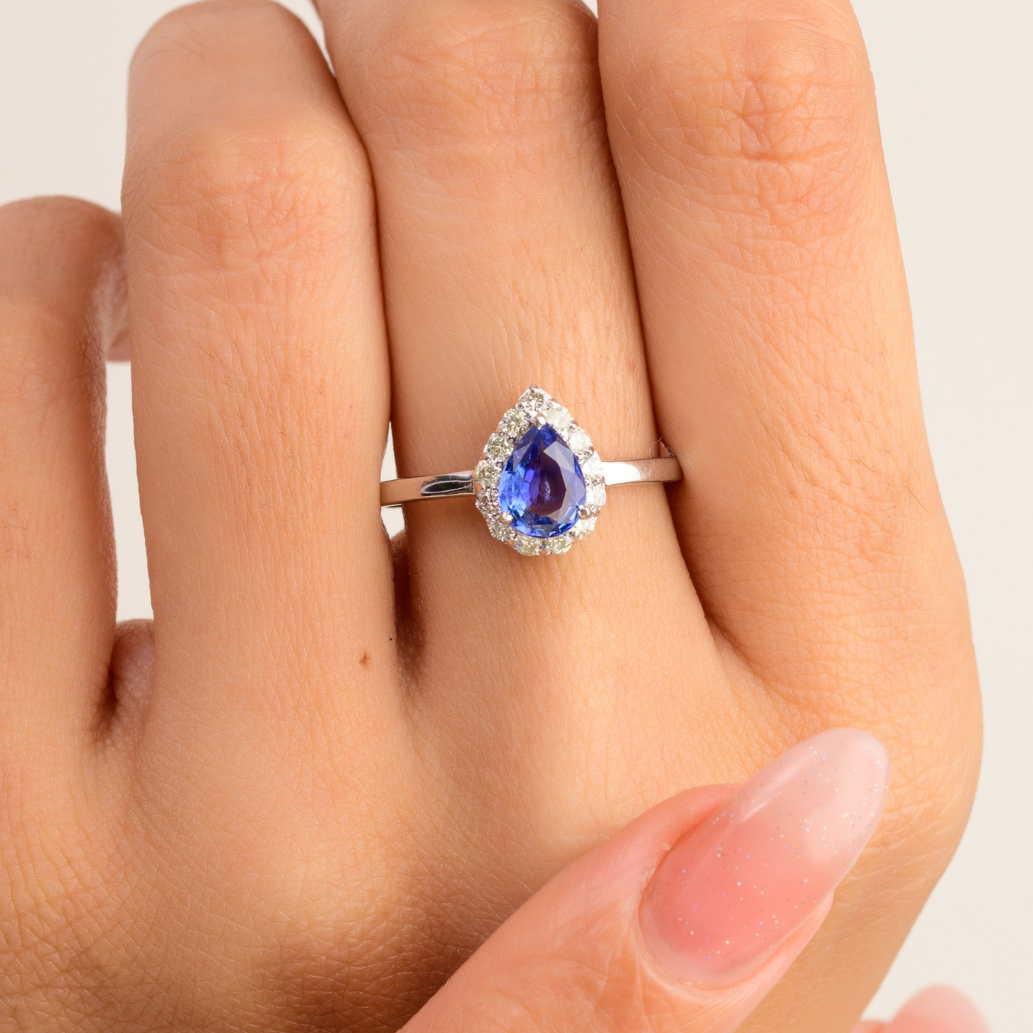 14K Solid White Pear Cut Blue Sapphire & Halo Diamond Ring - vrjewels-us
