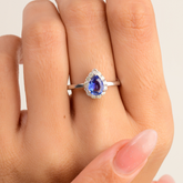 14K Solid White Pear Cut Blue Sapphire & Halo Diamond Ring - vrjewels-us