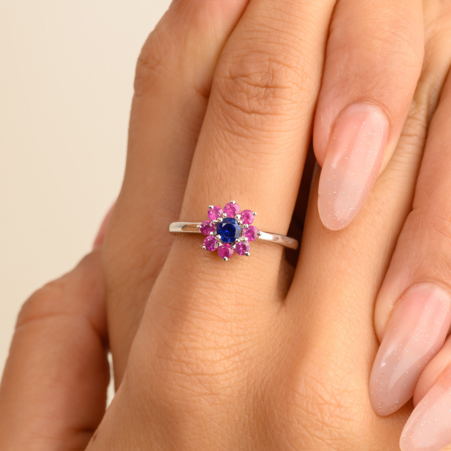 14K Solid White Gold Ruby Blue Sapphire Flower Shape Ring - vrjewels-us
