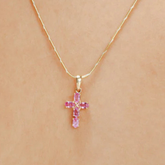 14K Gold Pink Sapphire Cross Pendant