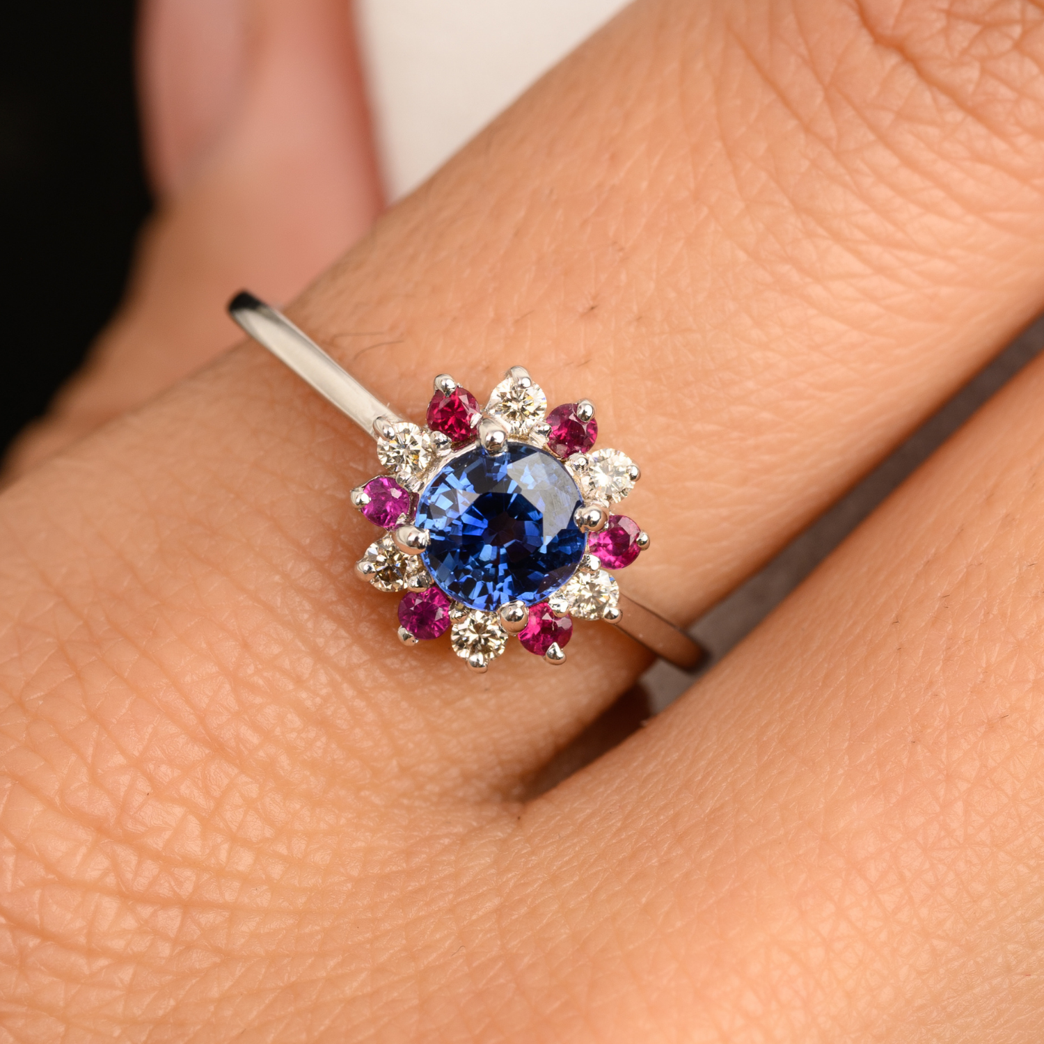 14K Solid White Gold Ruby, Blue Sapphire Diamond Flower Shape Ring - vrjewels-us