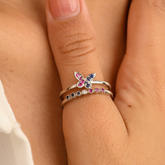 14K Solid White Gold Multi Gemstone Butterfly Ring - vrjewels-us