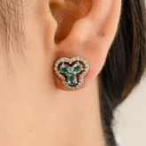 14K Roman Style Trinity Emerald Halo Diamond Studs