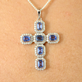 14K Solid White Gold Sapphire Cross Pendant