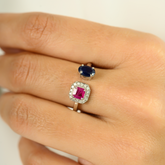 14K Ruby Sapphire Toi Et Moi Halo Diamond Ring