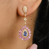 18K Pink & Blue Sapphire Floral Drop Earrings with Diamonds