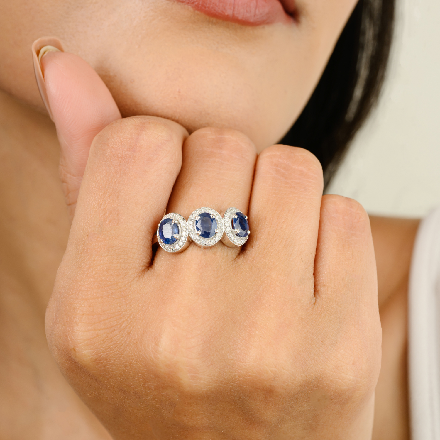 14K Gold Blue Sapphire & Diamond Three Stone Wedding Ring - vrjewels-us