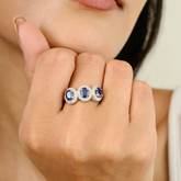 14K Gold Blue Sapphire & Diamond Three Stone Wedding Ring - vrjewels-us