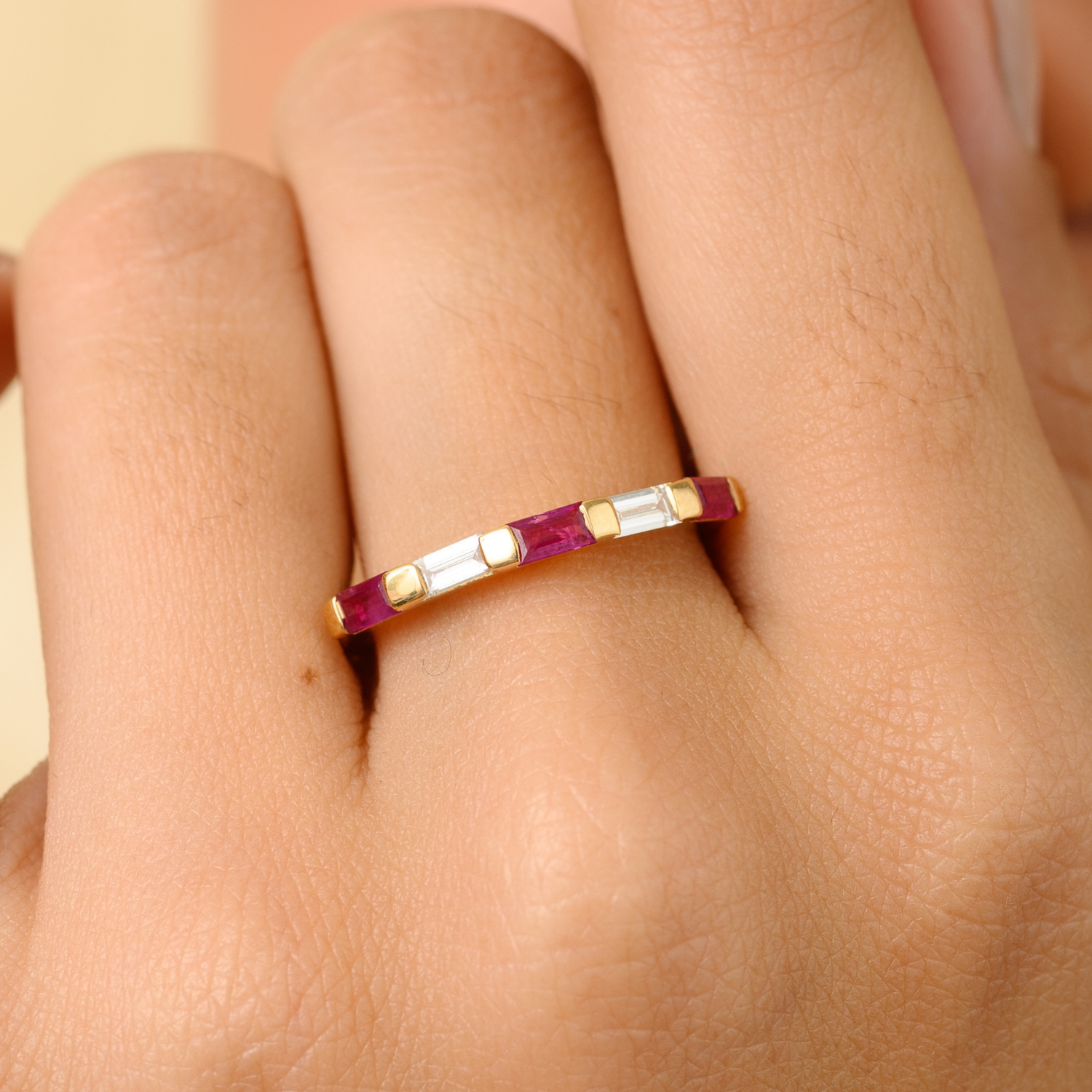 18K Solid Yellow Gold Ruby Diamond Band Ring - vrjewels-us