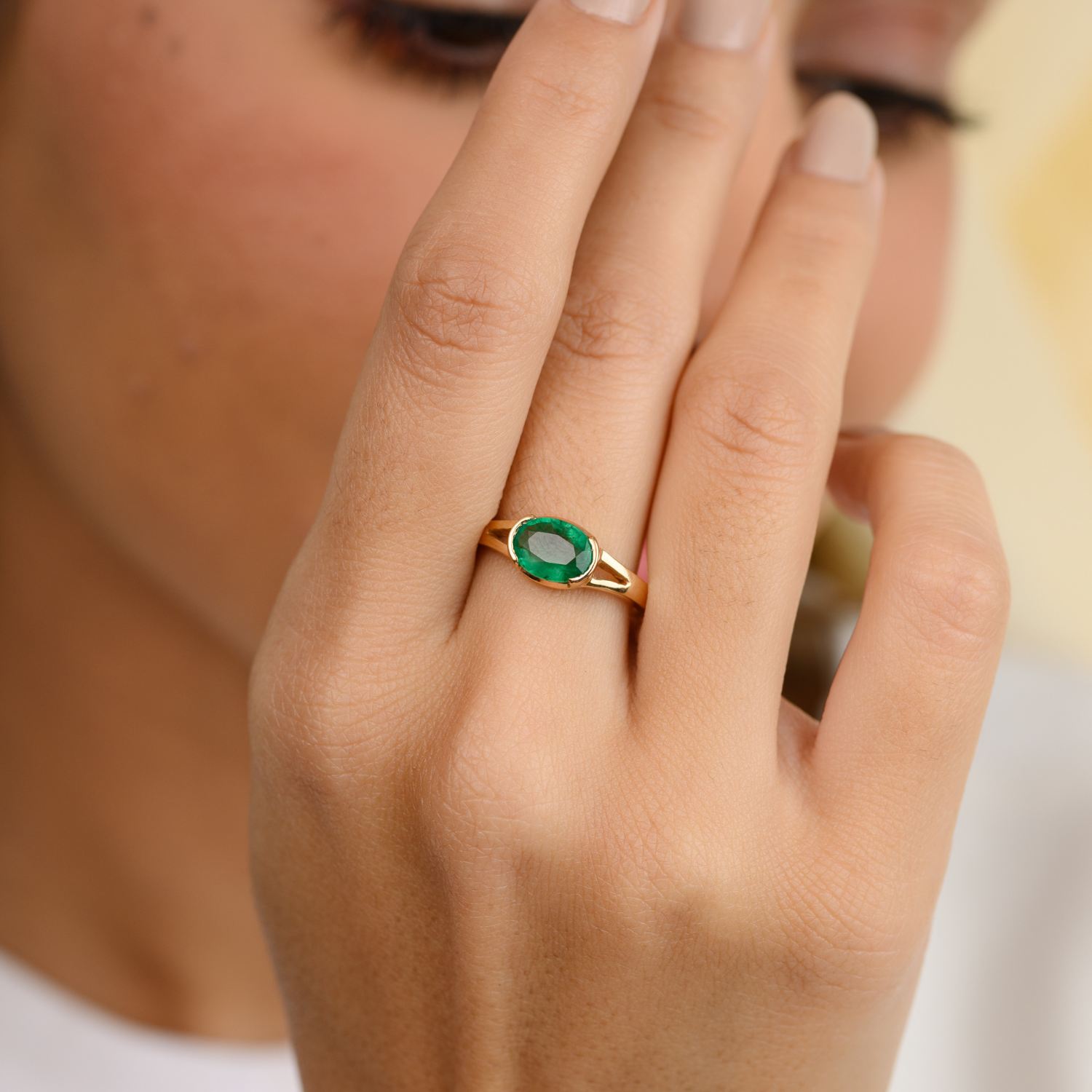 14K Solid Gold Emerald East West Statement Ring - vrjewels-us
