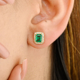 18K Timeless Emerald Stud Earrings with Halo Diamonds